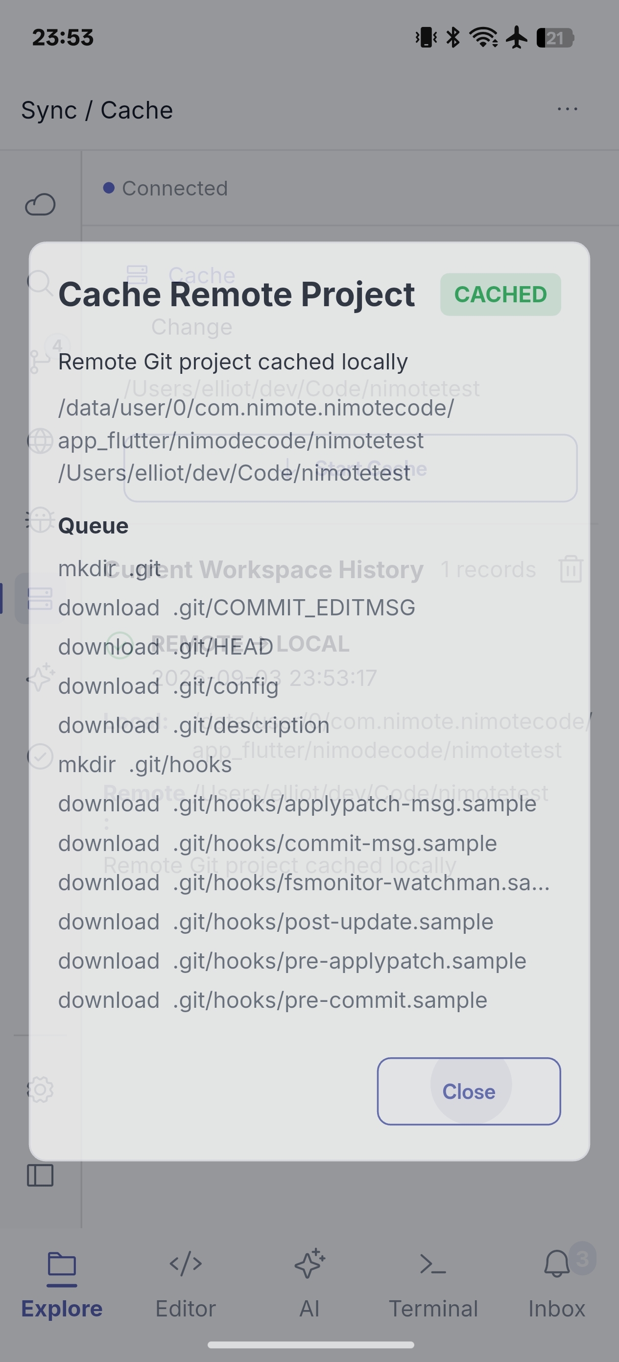 Completed cache transfer to a local workspace on NimoteCode for phone — phone